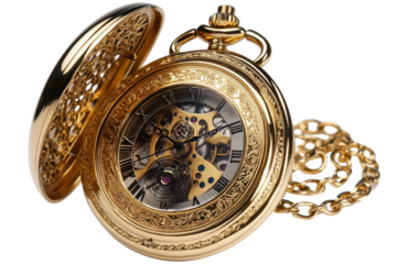 Elegant gold pocket watch intricate detail skeleton movement visible gears classic chain timeless