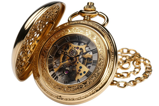 Elegant gold pocket watch intricate detail skeleton movement visible gears classic chain timeless - Powered by Adobe