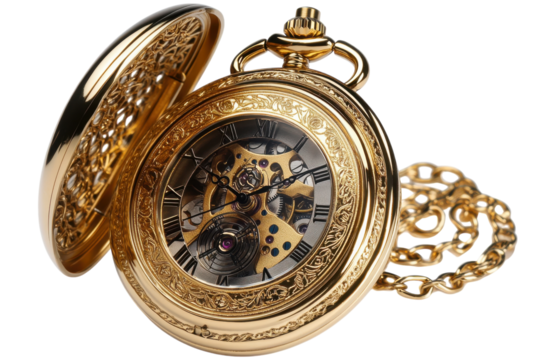 Elegant gold pocket watch intricate detail skeleton movement visible gears classic chain timeless