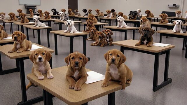 A group of adorable puppies is gathered in a classroom, resting on tables as they enjoy their time together under supervision