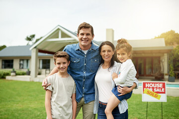 Portrait, happy and family with hug of new home for real estate success, investment and homeowner....