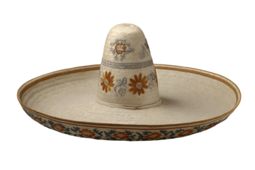 Embroidered Mexican sombrero, cream-colored with flower patterns, isolated on transparent background