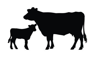 A black and white silhouette vector illustration depicts a cow and calf, farm animals and cattle