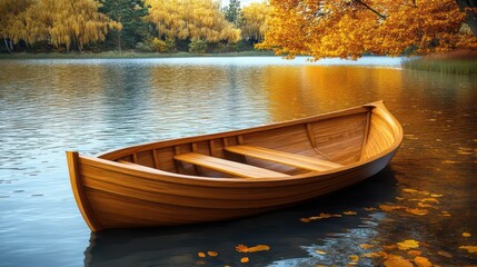 Obraz premium Wooden rowboat on calm autumn lake