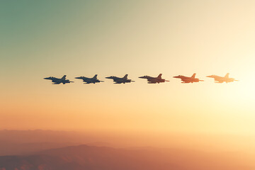 Fototapeta premium Air superiority: six military aircraft fly in formation against a vibrant sunset backdrop. A symbol of strength and airborne precision.