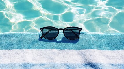 Stylish sunglasses resting on a poolside towel.