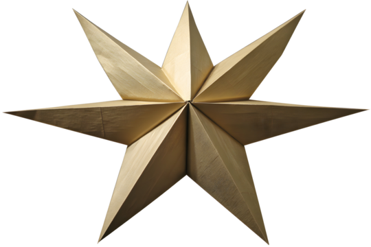 Eight-pointed star in gold tones. Decorative element against transparent background