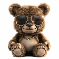 Cute cartoon bear wearing sunglasses and gold chain, studio shot