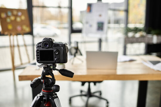 Professional camera setup in a modern office space for creative projects and productivity