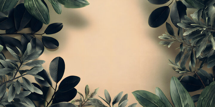 Natural Green Frame: Lush, dark green leaves border a beige background, creating a  organic, earthy frame perfect for adding a touch of nature to your designs. 