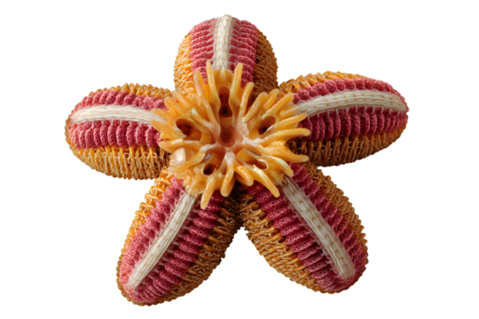 Unique, radial five-pointed textured echinoderm with coral center transparent background. Detailed coral reef nature shot