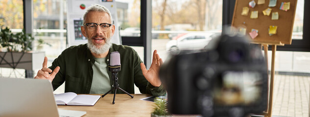 Engaging discussion takes place in modern office setting with a content creator sharing insights