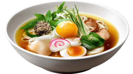 Exquisite Ramen Bowl: A vibrant top-down shot of a steaming bowl of ramen, a culinary delight, with noodles, perfectly boiled egg, savory broth, and various vegetables. 