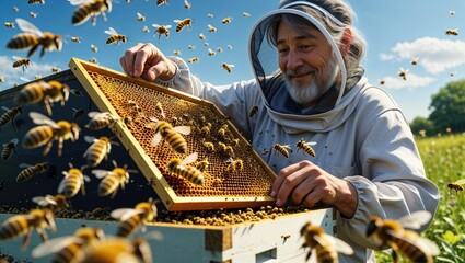A senior Caucasian beekeeper gently inspects a honeycomb frame, surrounded by a flurry of busy bees.  The scene is bathed in warm sunlight, creating a peaceful yet active atmosphere.