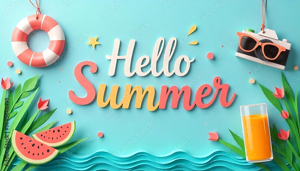 Fototapete hello summer with decoration origami hanging on the sky background. banner template paper art and cr
