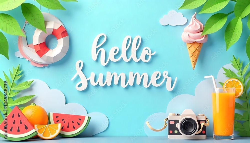 Fototapete hello summer with decoration origami hanging on the sky background. banner template paper art and cr
