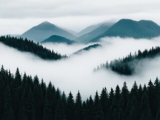 Fototapeta premium Haunting mist floating between ancient pines, dark mountain cliffs barely visible in the gloom