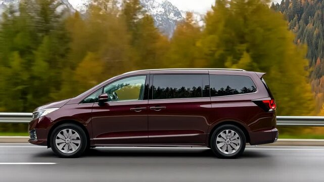 A beautiful journey showcases a modern minivan cruising along a highway surrounded by vibrant autumn foliage and majestic mountains