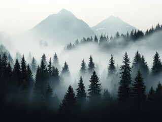 Fototapeta premium Phantomlike mist swirling through an abandoned forest, haunting mountain backdrop adding mystery