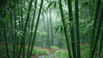 Fototapeta premium Raindrops cling to vibrant green bamboo stalks in a serene forest setting. The lush foliage and soft light create a tranquil mood.