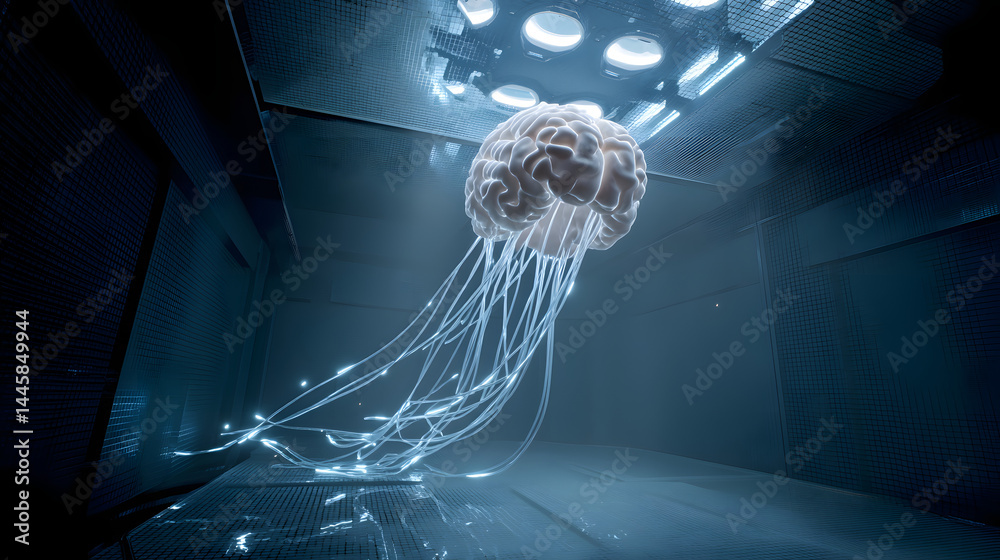 Poster artificial intelligence: a futuristic portrayal of a brain floating amidst a network of interconnect