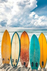 A vibrant display of surfboards graces the sandy beach.