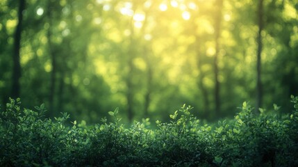 Fototapeta premium Serene Sunlight Filtering Through Lush Green Forest Canopy Tranquil Nature Scene