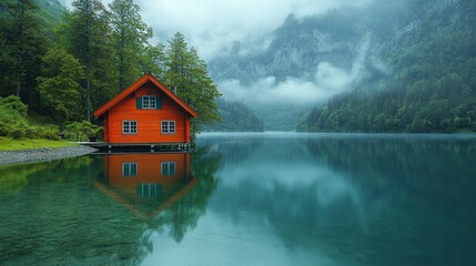 Obraz premium Tranquil alpine lake cabin reflecting in still water, surrounded by misty mountains. 