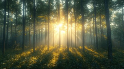 Fototapeta premium Magical Sunrise Rays Illuminating Misty Forest Path Sunbeams Through Trees