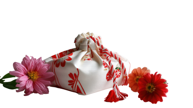 Traditional Fabric Gift Wrap: A close-up shot of a beautifully crafted fabric gift bag with red floral patterns, tied with a crimson ribbon and adorned with delicate pink and orange flowers.