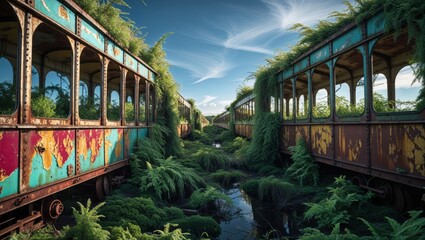 Fototapeta premium Overgrown train cars stand as silent witnesses to time's passage, their rusted bodies swallowed by nature's vibrant embrace. A poignant scene of decay and renewal.