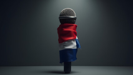 The Dutch flag muffles a microphone—a striking symbol of suppressed dissent. Dark, cinematic lighting underscores the tension.