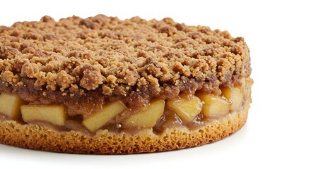 Close up of a round apple cake with a crumble topping and steam rising on a white background