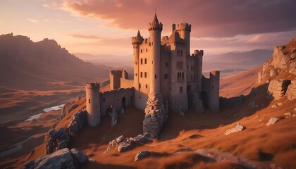 Obraz premium Abandoned castle ruins bathed in sunset hues in a rugged landscape, created with generative ai