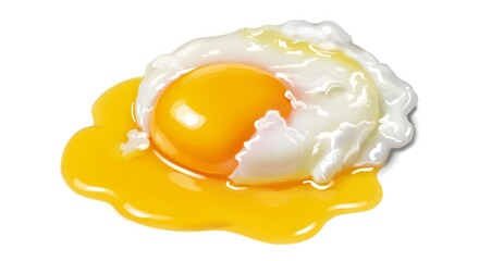 Close up shot of a single poached egg with a bright yellow yolk on a plain white background surface