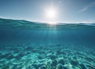 Fototapeta premium Sunlit, tranquil blue ocean surface revealing vibrant underwater scene, landscape, water