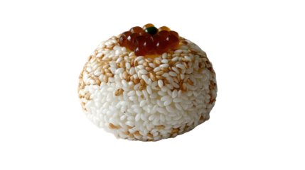 Appetizing Onigiri Delight: This enticing close-up unveils a meticulously crafted onigiri, a Japanese rice ball delicacy, adorned with savory toppings, representing culinary artistry.
