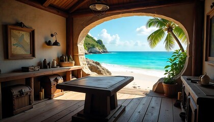 A pirate cove interior with map table, treasure chests, and stunning beach view, created with generative ai