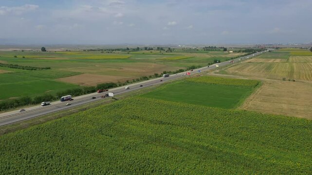 Sunflower field and landscape from above