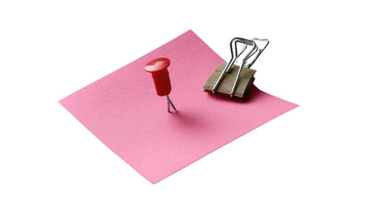 Pink Note Reminder: A vibrant pink sticky note is punctuated by a red push pin, alongside a metallic clip. Symbolizing reminders and tasks.