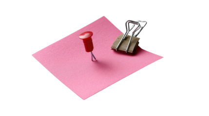 Pink Note Reminder: A vibrant pink sticky note is punctuated by a red push pin, alongside a metallic clip. Symbolizing reminders and tasks.