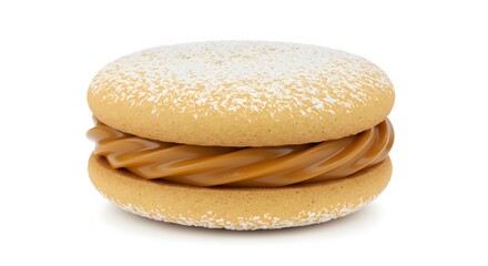 Close up of a single alfajor cookie with dulce de leche filling and powdered sugar on a white background