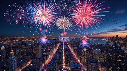 Vibrant fireworks explode over a glittering cityscape at night, creating a breathtaking spectacle of light and color. A stunning view of urban architecture against a dark sky.