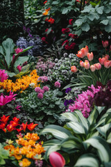 vibrant colors of spring plants in garden.