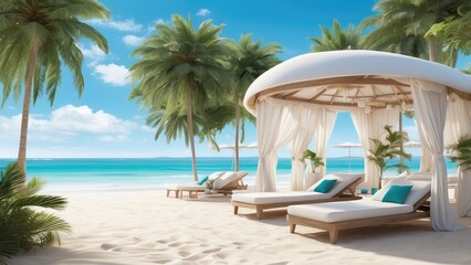 Fototapeta premium White beach cabanas with sheer white curtains,
