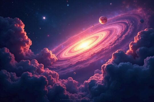 Swirling clouds of gas and dust in the Milky Way galaxy, surrounded by stars and planets, star, planet, galaxy