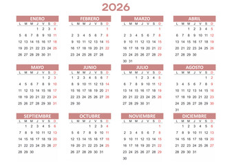 Spanish Yearly calendar. 2026 mockup. Annual Horizontal template. Classic simple minimal design with pink tabs on white background. Editable format. First day lunes monday. EPS10.