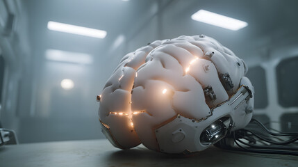 Artificial Brain: A futuristic image of a robotic brain glowing with artificial intelligence, representing the intersection of science and technology in a digital age. 
