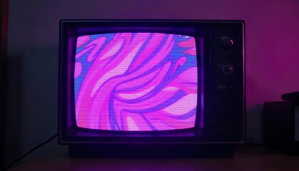 80s Retro wave style background displayed on vintage tv screen. VHS noise and glitch effects. Bright purple colors. Old display, created with generative ai