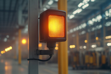 Warning light in industrial setting. Focus on safety in dimly lit warehouse or factory. Signal provides visibility for workers and equipment.